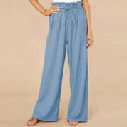 Pantaloni palazzo blu donna, vita alta con cintura, tessuto leggero, moda estiva casual, eleganti e comodi, perfetti per ogni occasione.
