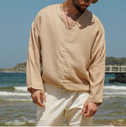  Camicia da uomo di lino-vestito rilassato-scollo a V-manica lunga-abbigliamento casual traspirante-6