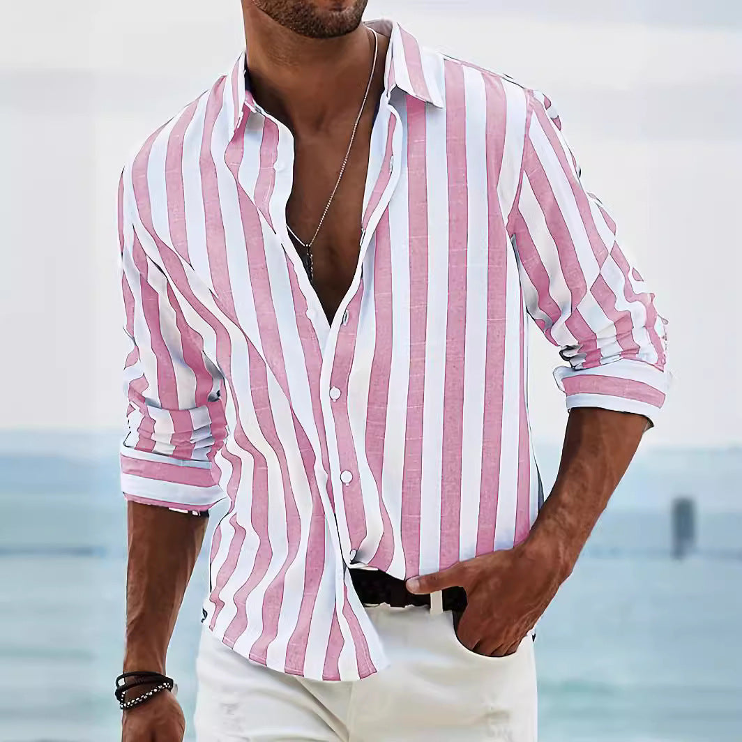  Camicia da uomo a manica lunga-miscela di lino di cotone-Fit rilassato-casual a strisce abbottonate-4