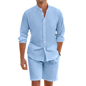  Set a due pezzi maschili-Blend di lino-Fit rilassato-Shirt abbottonato e pantaloncini a metà coscia-3