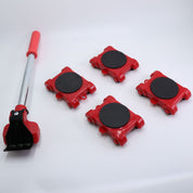 Set di pattini mobili rossi con manico, ideale per spostare mobili pesanti. Include quattro pattini con ruote e superfici antiscivolo.