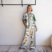  Set di camicia e pantaloni da donna - miscela di lino - Fit rilassato - gamba larga - stampa marina-2