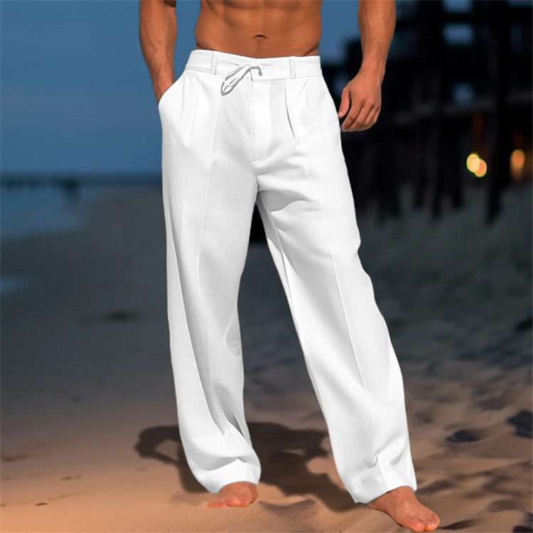  Pantaloni di lino maschile - vestibilità rilassata - vita coulisse - anteriore pieghettata - full long-1