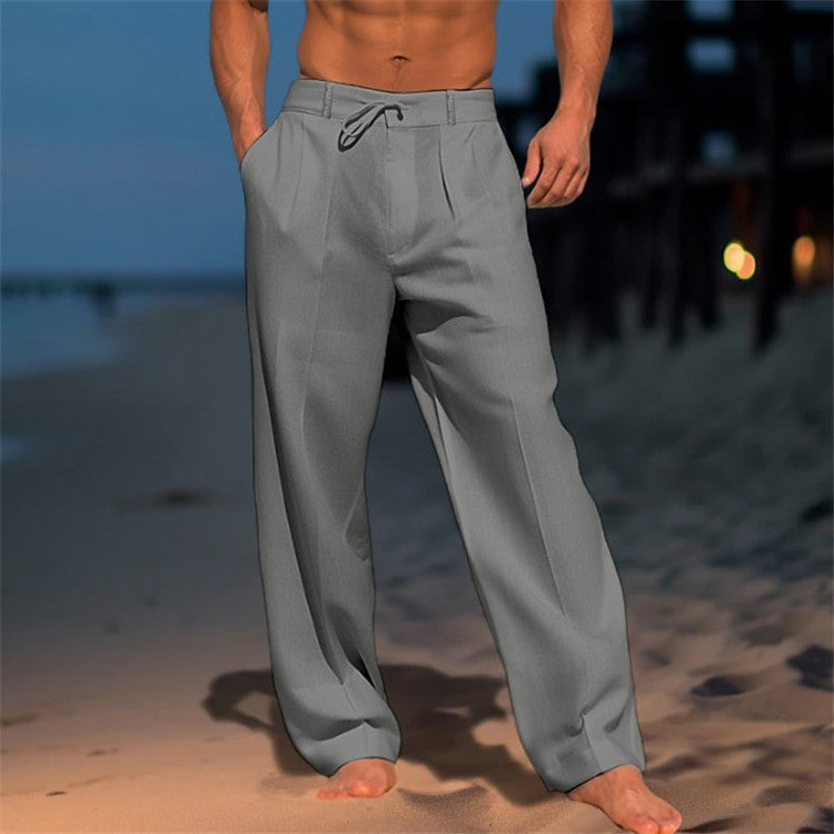  Pantaloni di lino maschile - vestibilità rilassata - vita coulisse - anteriore pieghettata - full long-2