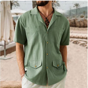  Camicia da uomo a manica corta - miscela di lino di cotone - Fit rilassato - Collar dentellato - 4 tasche-4