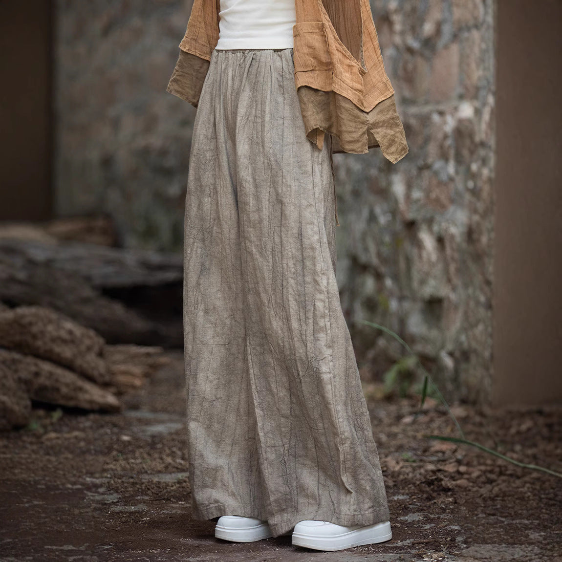  Pantaloni da donna a gamba-miscela di cotone in lino-Fit rilassato-stile casual in cintura elastica-2