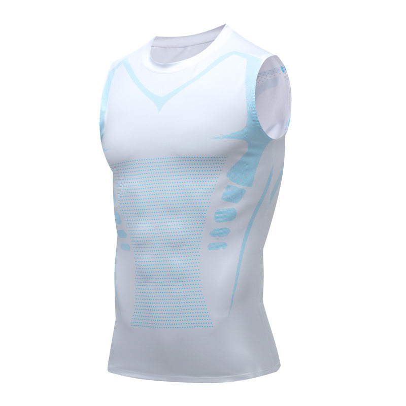 Canotta sportiva bianca senza maniche, design ergonomico, tessuto traspirante, ideale per allenamento e fitness, uomo, taglia media.