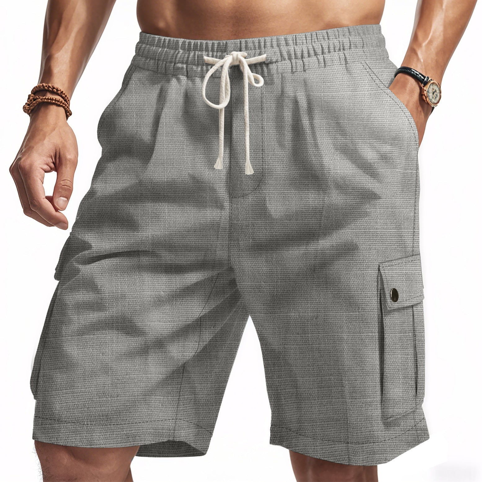  Shorts da carico maschile - lino di bambù - Fit rilassato - vita elastica - Multi tasca-2