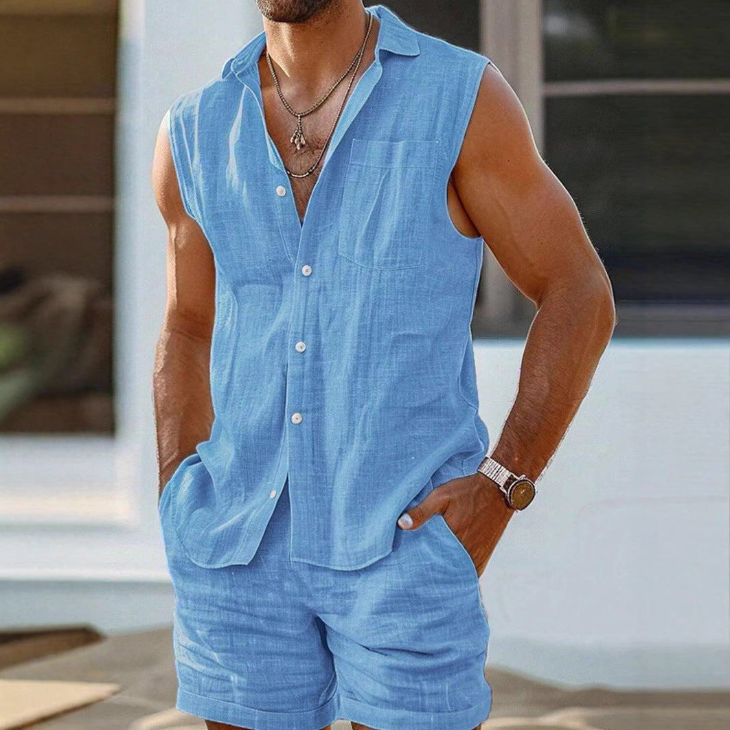  Set di camicia da uomo e pantaloncini-lino di cotone-Fit rilassato-abbigliamento casual abbottonato-3