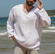  Camicia da uomo di lino-vestito rilassato-scollo a V-manica lunga-abbigliamento casual traspirante-4