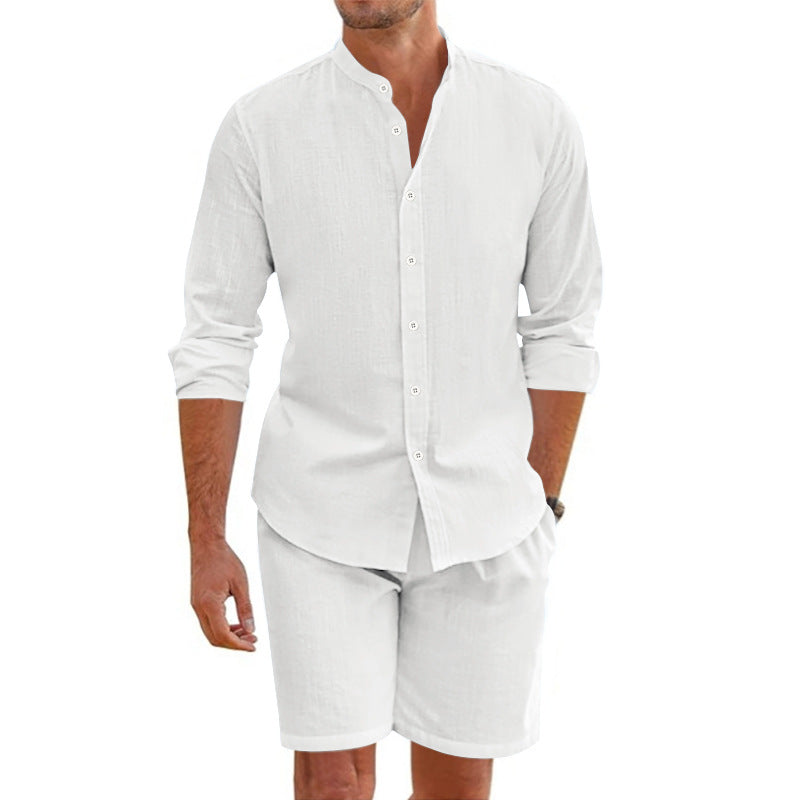  Set a due pezzi maschili-Blend di lino-Fit rilassato-Shirt abbottonato e pantaloncini a metà coscia-1