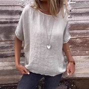  T-shirt femminile-Miscela di lino-Fit allentata-manica corta-stile curvo casual stile-4