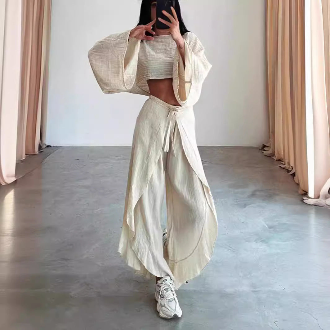  Set a due pezzi femminili-miscela di lino-top ritagliata-pantaloni a gamba a gamba-Fit rilassato-1