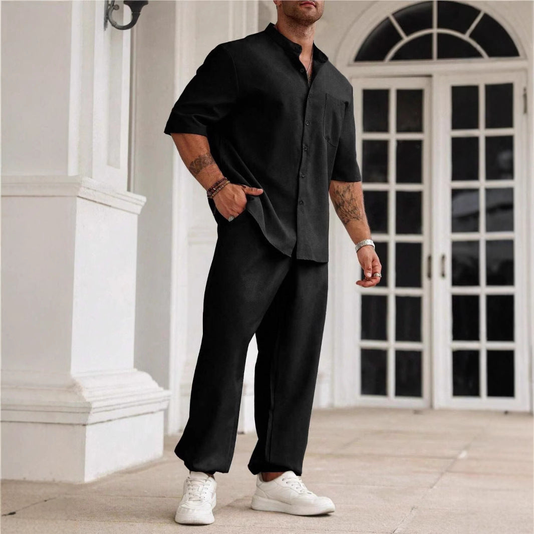  Set casual maschile - miscela di lino di cotone - Fit rilassato - camicia a maniche corte e pantaloni-1