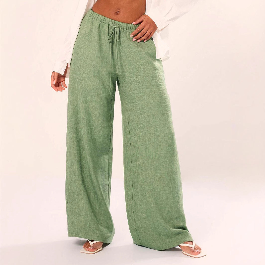  Pantaloni a gamba femminile-miscela di lino-Fit rilassato-vita coulisse-full long-2