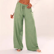  Pantaloni a gamba femminile-miscela di lino-Fit rilassato-vita coulisse-full long-2