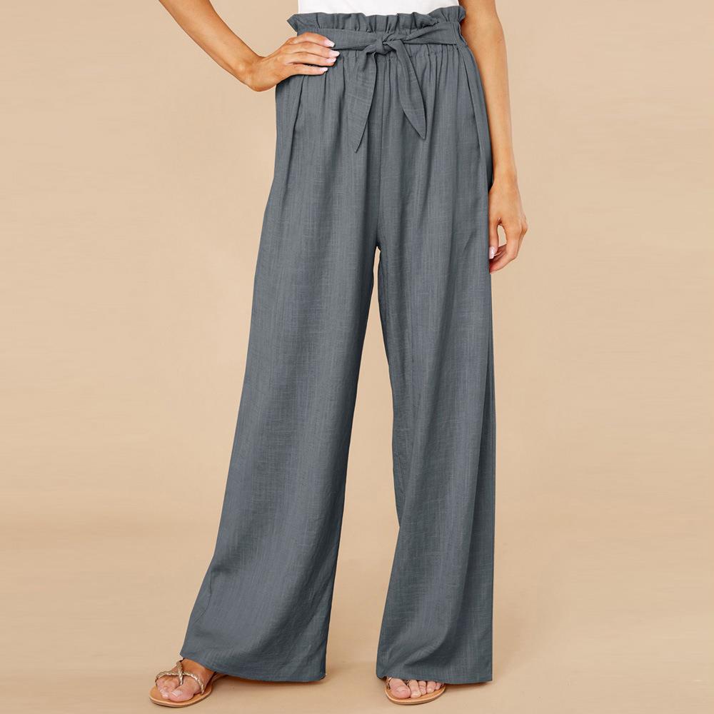 Pantaloni palazzo grigi da donna con vita alta arricciata e cintura, tessuto leggero, eleganti e casual, ideali per moda estiva.