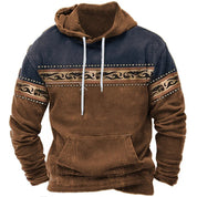Felpa con cappuccio uomo, design etnico, colori marrone e blu, tasca frontale, cordini bianchi, moda casual, abbigliamento autunnale.