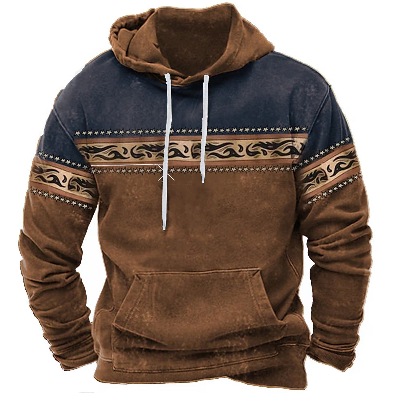 Felpa con cappuccio uomo, design etnico, colori marrone e blu, tasca frontale, cordini bianchi, moda casual, abbigliamento autunnale.