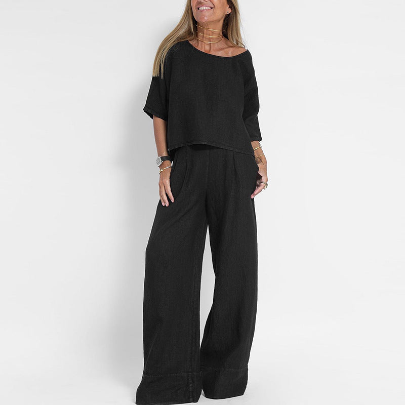  Set a due pezzi da donna-Blend di lino-Fit rilassato-Pantaloni top e gamba a manica corta-2