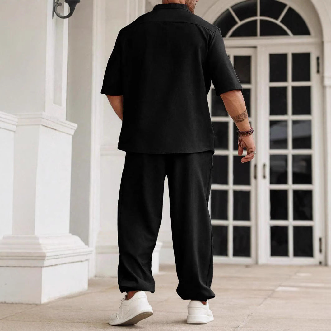  Set casual maschile - miscela di lino di cotone - Fit rilassato - camicia a maniche corte e pantaloni-3