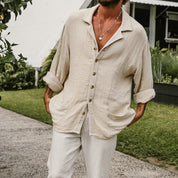  Camicia abbottonatura da uomo-miscela di lino di cotone-Fit rilassato-manica lunga casual-3