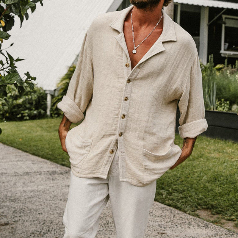  Camicia abbottonatura da uomo-miscela di lino di cotone-Fit rilassato-manica lunga casual-3
