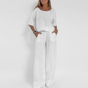 Set a due pezzi da donna-Blend di lino-Fit rilassato-Pantaloni top e gamba a manica corta-4