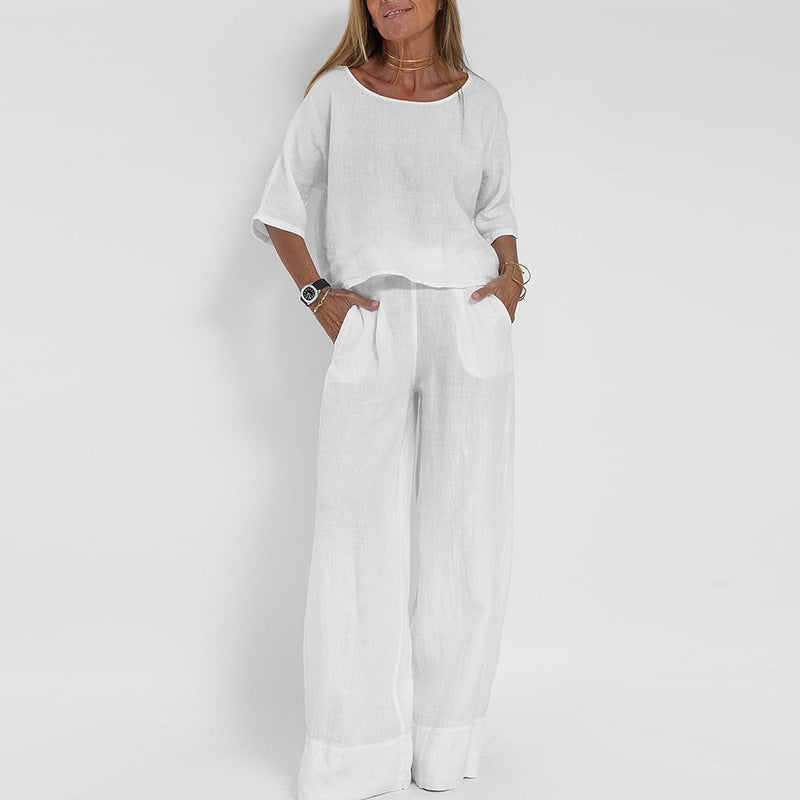  Set a due pezzi da donna-Blend di lino-Fit rilassato-Pantaloni top e gamba a manica corta-4