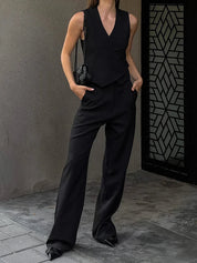  Stume da lino a due pezzi femminile-Top-scollo a V senza maniche-Pantaloni a gamba a vita alta-2