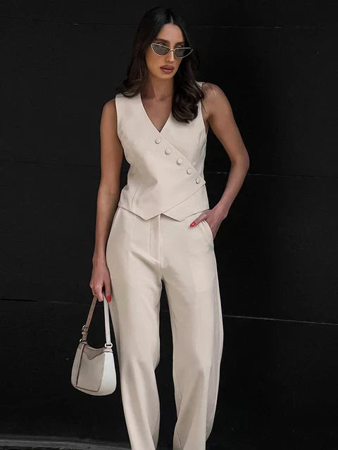  Stume da lino a due pezzi femminile-Top-scollo a V senza maniche-Pantaloni a gamba a vita alta-1