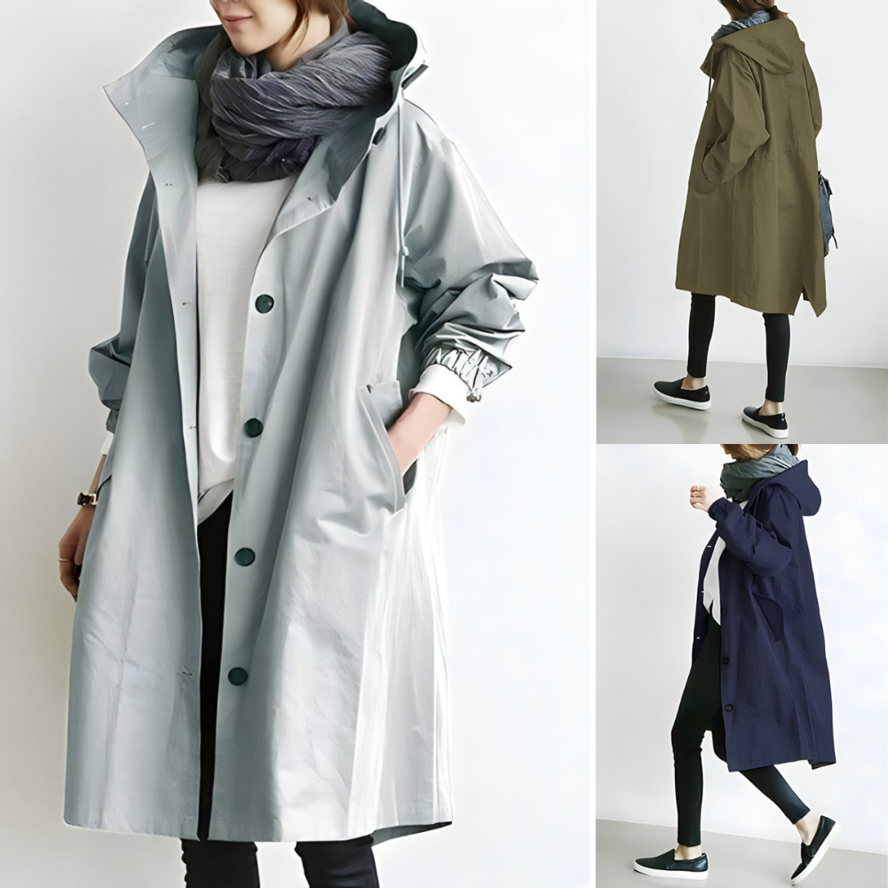 Cappotto impermeabile donna, lungo, con cappuccio, disponibile in grigio, verde e blu. Design elegante, perfetto per la moda autunnale.