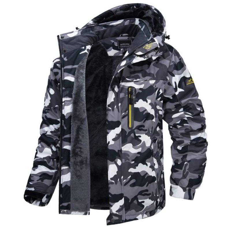 Giacca invernale mimetica da uomo, impermeabile, con cappuccio, fodera in pile, tasche multiple, ideale per attività outdoor e sport invernali.