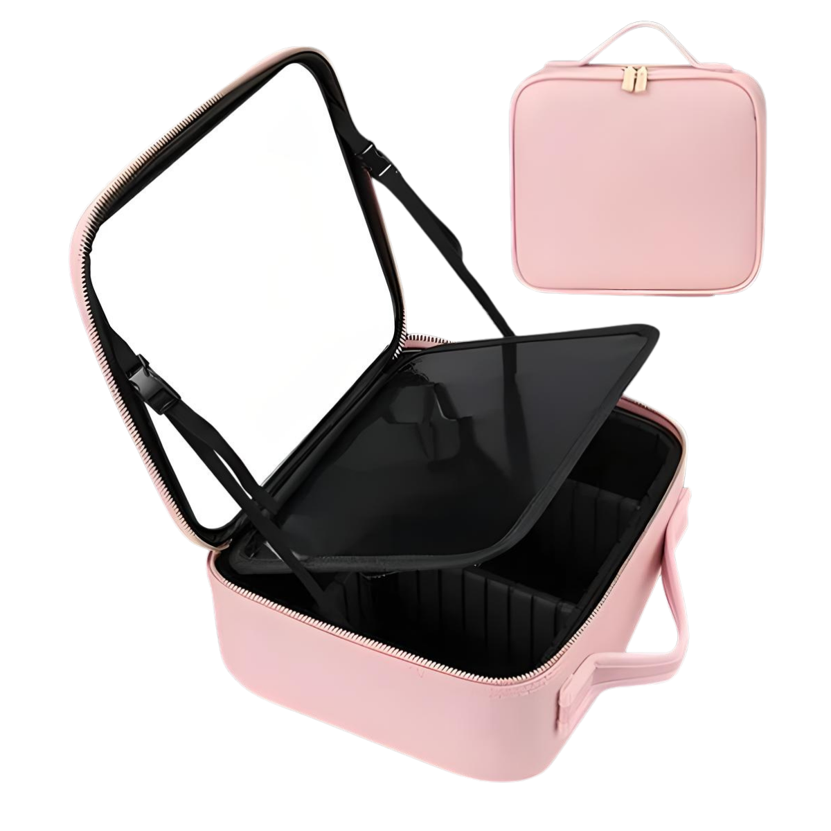 Custodia organizer rosa per cosmetici con divisori regolabili e cerniera dorata. Ideale per viaggi, trucco e accessori. Design compatto e elegante.