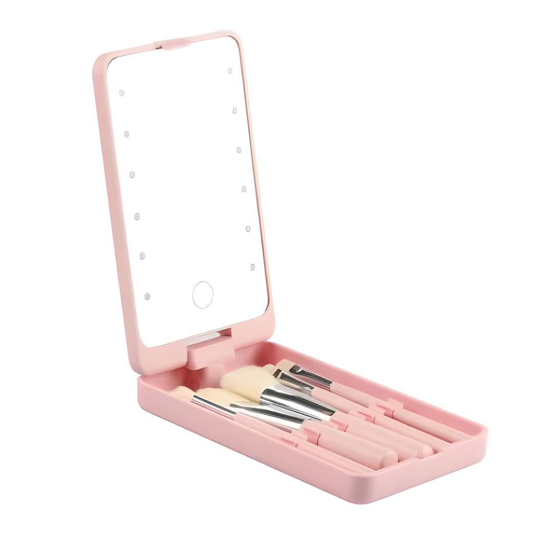 Set trucco portatile rosa con specchio LED e pennelli cosmetici. Ideale per viaggi, beauty case compatto, accessori make-up essenziali.
