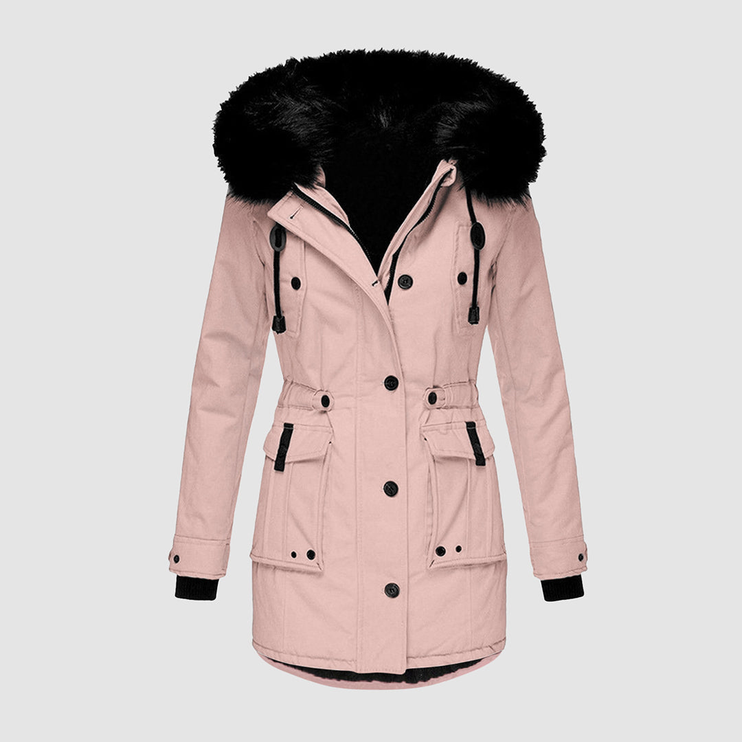 Giacca parka rosa da donna con cappuccio in pelliccia sintetica nera, chiusura a bottoni, tasche frontali, ideale per l'inverno.