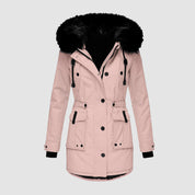 Giacca parka rosa da donna con cappuccio in pelliccia sintetica nera, chiusura a bottoni, tasche frontali, ideale per l'inverno.