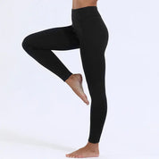 Pantaloni yoga neri da donna, elasticizzati e a vita alta, ideali per fitness e allenamento. Design elegante e confortevole.