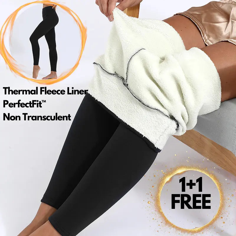 Leggings termici neri con fodera in pile, design PerfectFit™ non trasparente, offerta 1+1 gratis, ideali per l'inverno e il comfort quotidiano.