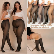 Due donne indossano collant in pile nero, adatti a tutte le taglie. Immagine mostra vari modelli e colori. Collant caldi, moda inverno.