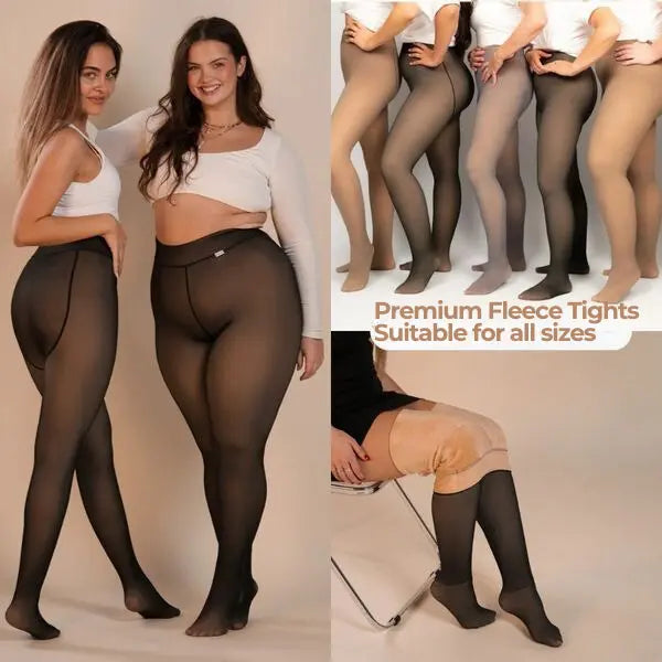 Due donne indossano collant in pile nero, adatti a tutte le taglie. Immagine mostra vari modelli e colori. Collant caldi, moda inverno.
