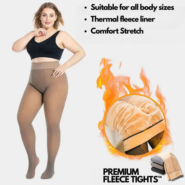 Donna in collant termici in pile, taglia comoda, colore nude, con fodera calda. Testo: "Adatto a tutte le taglie, comfort stretch".