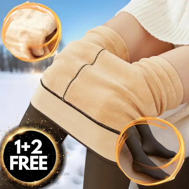 Collant termici invernali beige, foderati in pile, offerta 1+2 gratis. Ideali per il freddo, comfort e calore. Sfondo innevato.