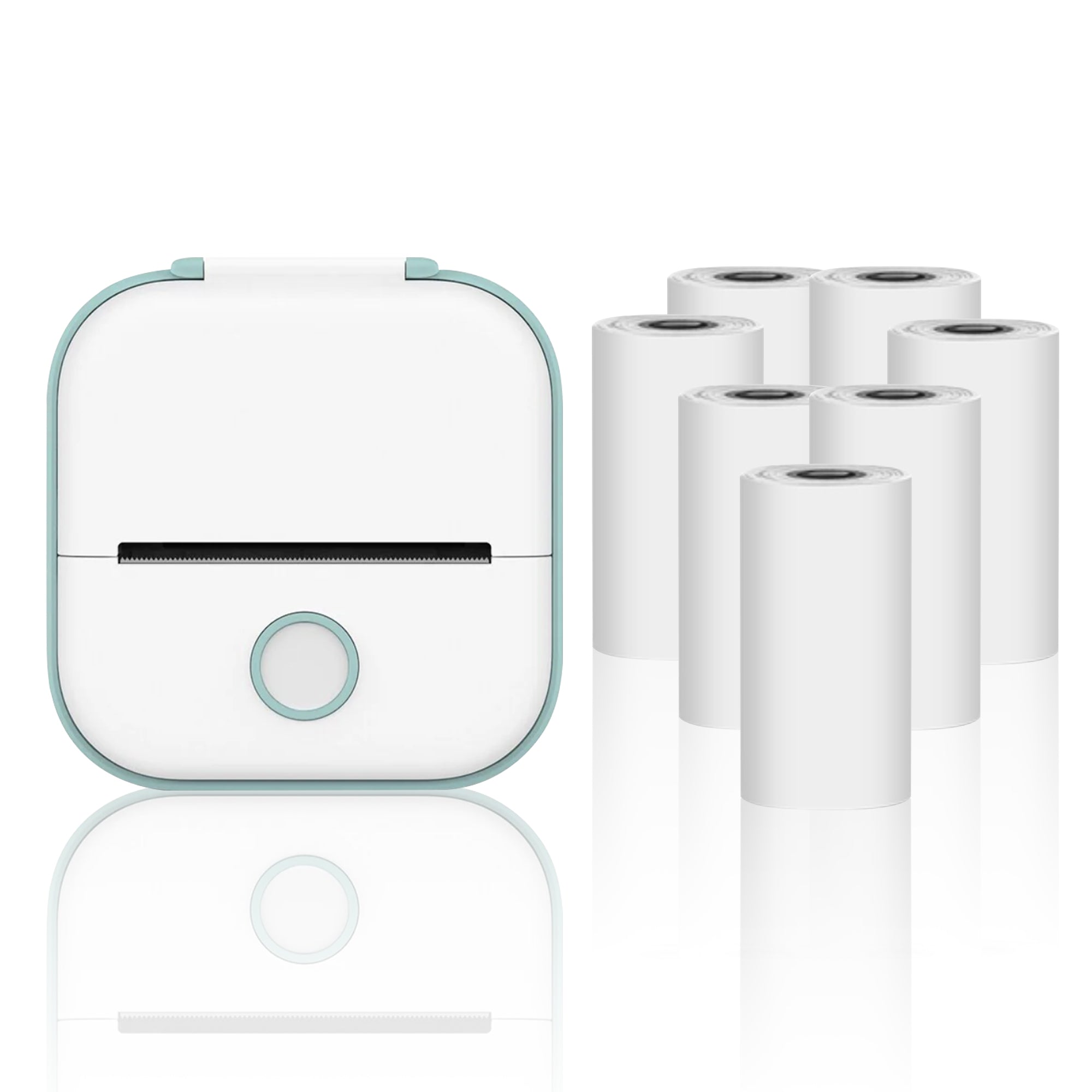 Stampante termica portatile bianca con bordi verdi, accompagnata da sei rotoli di carta. Ideale per etichette e ricevute. Accessorio compatto e efficiente.