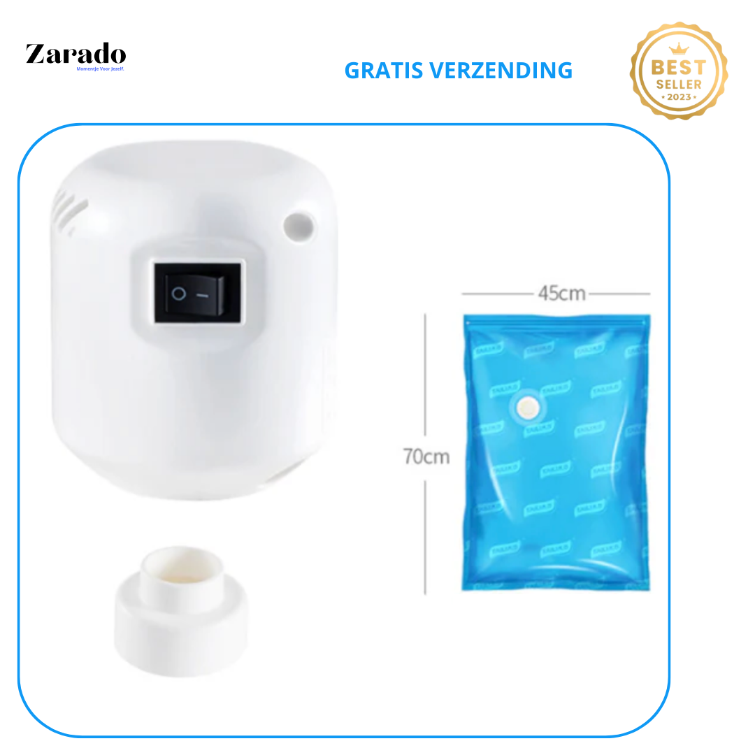 Dispositivo sigillatore sottovuoto bianco con sacchetto blu da 45x70 cm, interruttore visibile. Spedizione gratuita, bestseller 2023.