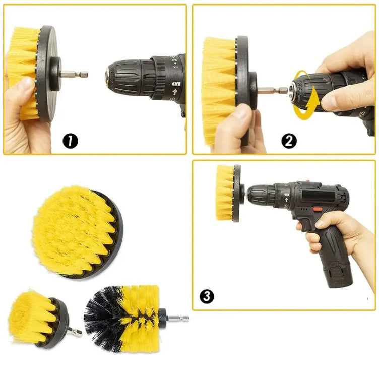 Set di spazzole per trapano, gialle, per pulizia superfici. Include tre spazzole di diverse dimensioni, compatibili con trapano elettrico standard.