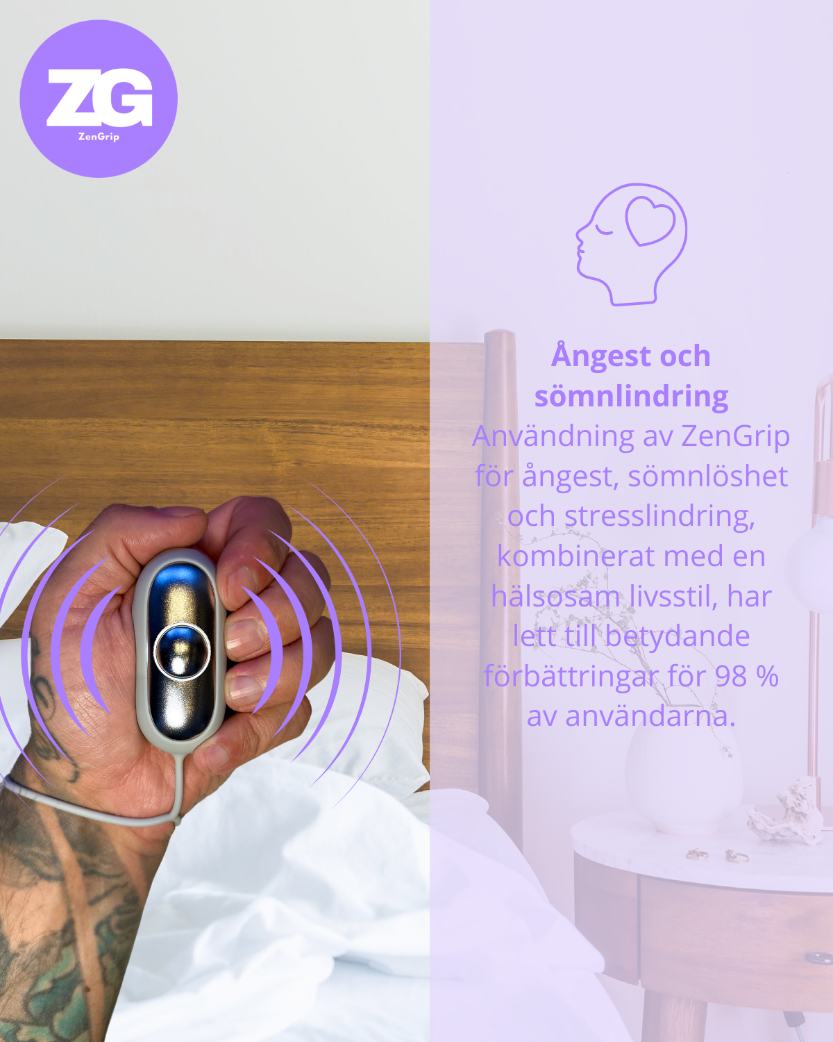 Mano che tiene un dispositivo ZenGrip per alleviare ansia e insonnia, con letto sullo sfondo. Miglioramento del 98% degli utenti.