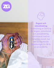Mano che tiene un dispositivo ZenGrip per alleviare ansia e insonnia, con letto sullo sfondo. Miglioramento del 98% degli utenti.