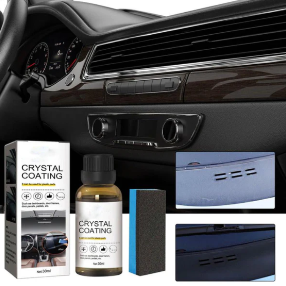 Bottiglia di rivestimento cristallino per auto da 30ml con spugna applicatrice, ideale per lucidare e proteggere cruscotti e superfici interne.