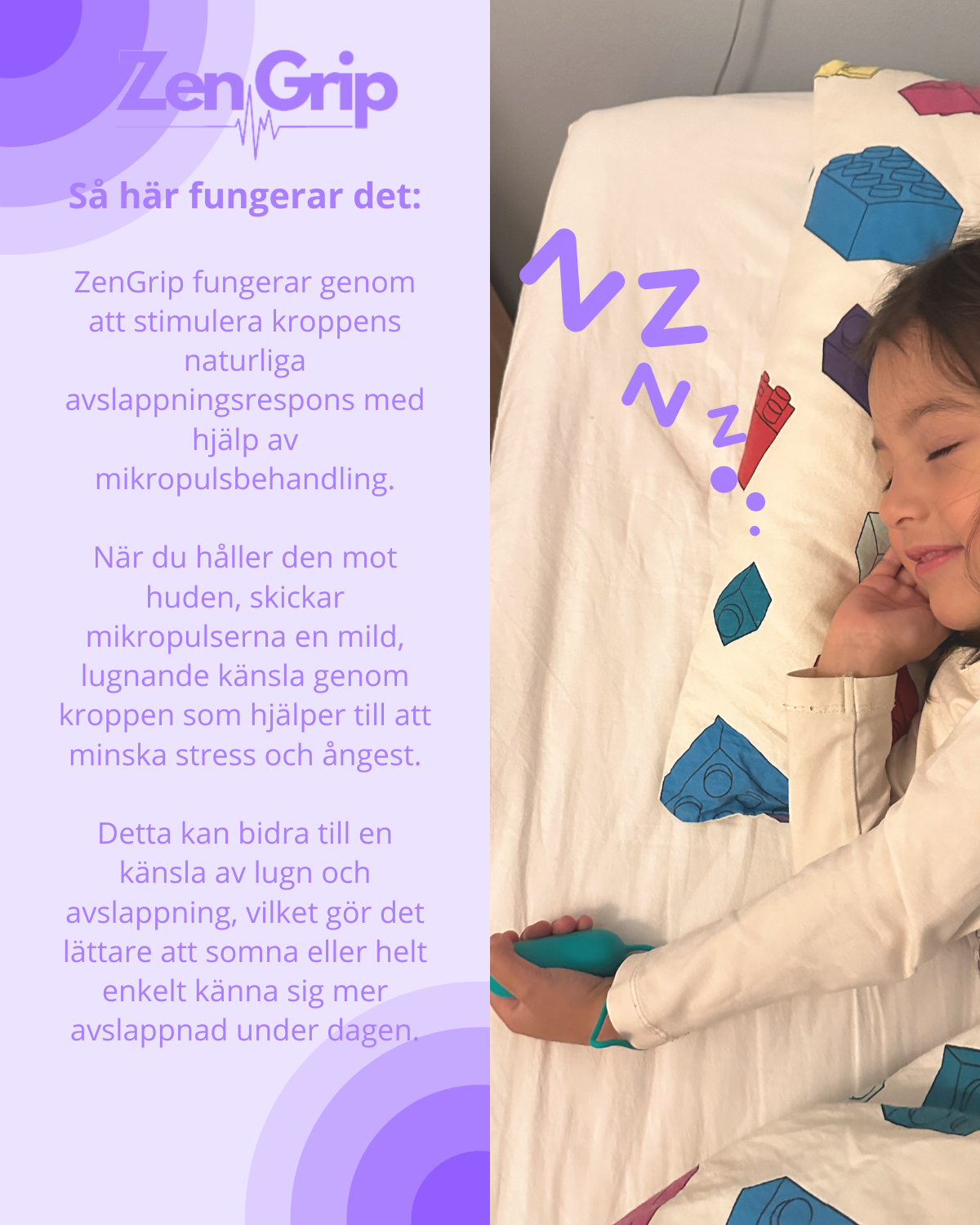 Bambina che dorme con coperta ZenGrip, design colorato, favorisce il rilassamento e il sonno. Testo informativo sui benefici del prodotto.